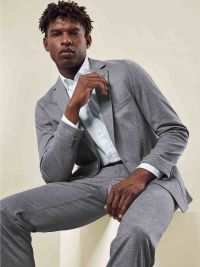 Herren Jersey Sakko Grau Meliert – Regular Fit, elegantes Sakko aus elastischem Jersey-Gewebe, Zwei-Knopf-Verschluss, aufgesetzte Taschen und Seitenschlitze, ideal für Business, Büro, Verkauf und Gastronomie.